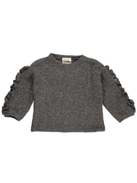 Girls crew neck sweater, heathered charcoal, ruffle detail on sleeve outerside.