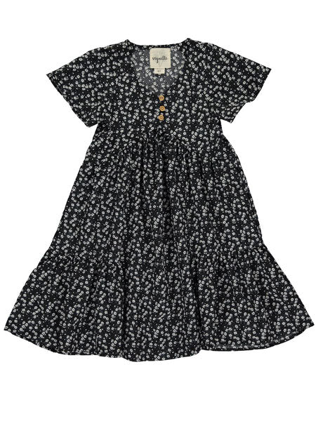 Vignette Wanda Dress in Black Ditsy Floral. Girls black print cotton summer dress, Bohemian style with short sleeves.