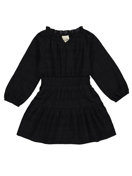 Black Bohiem style girls dress. Light weight cotton gauze fabric with long sleeves. Vignette kids clothing brand.