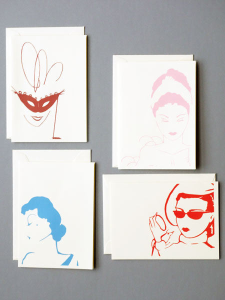Retro Fashion Faces Graphic Blank Notecards Set of 4