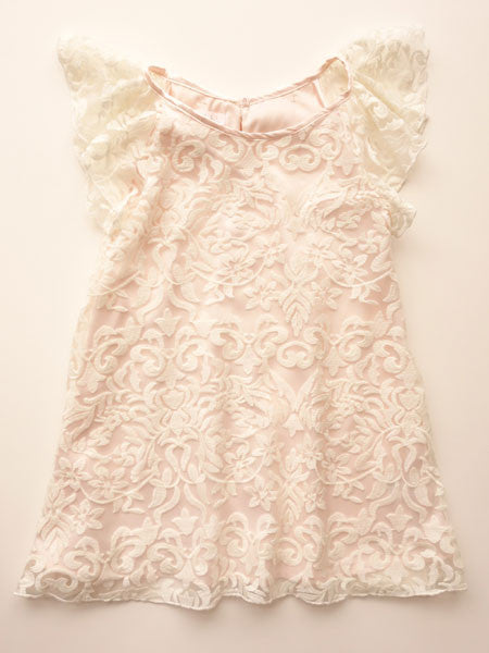 Lace baby and toddler girls dress. Ivory lace overlay, pink light weight satin underlayer. Ruffled cap ivory lace sleeves.