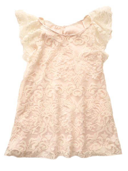 Lace baby and toddler girls dress. Ivory lace overlay, pink light weight satin underlayer. Ruffled cap ivory lace sleeves.